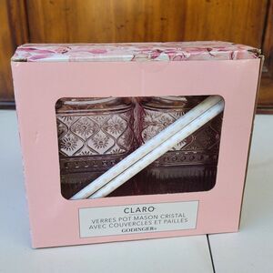 Godinger Claro Pink‎ Crystal Mason Jar Drinking Glasses with Lid & Straws